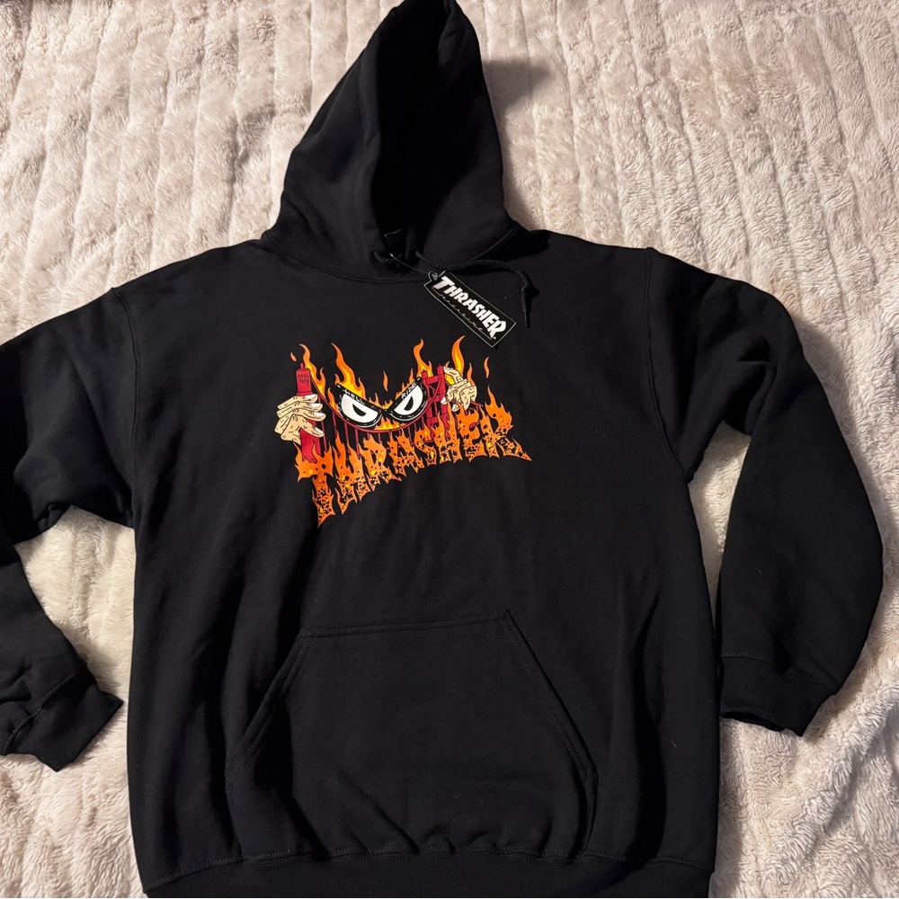 Thrasher Black and Orange Flame Hoodie